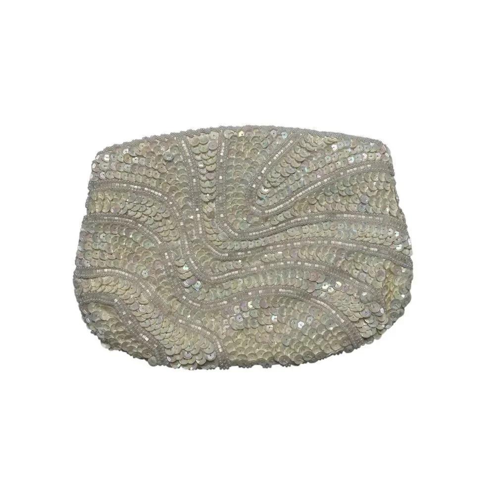Vintage Ivory Beaded Sequin Clutch Bridal Purse 80s Formal Small Handbag Wedding